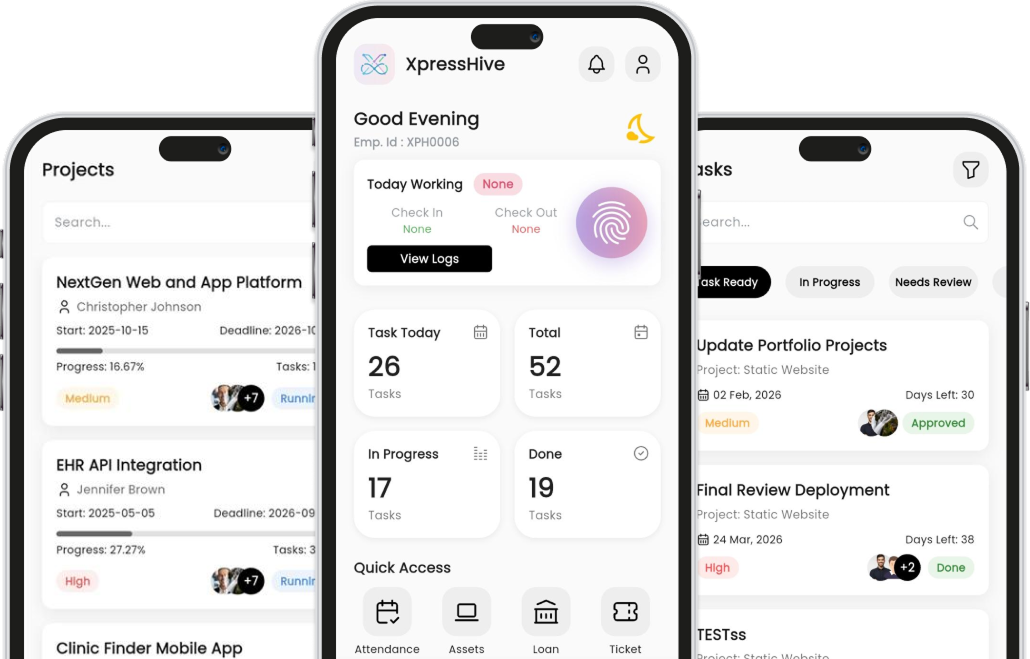 XpressHive HR dashboard showing attendance and payroll analytics